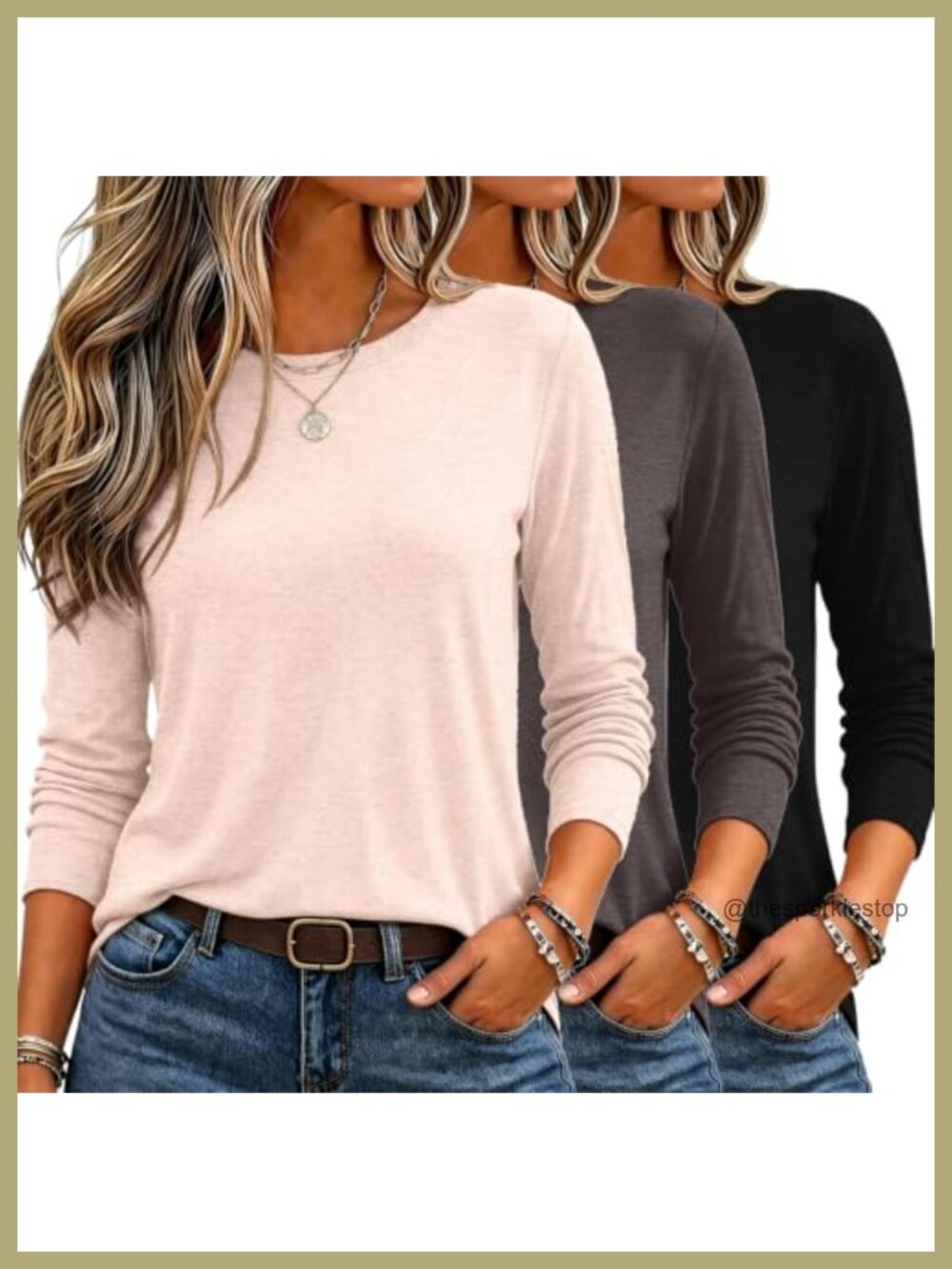 Women's Long Sleeve Crewneck T-Shirts 3 Pack Loose Fit Casual Tops